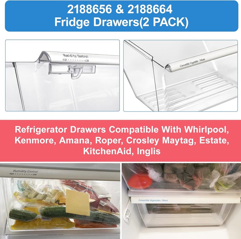 Alvar [2 Pack] Upgraded 2188656 Fridge Crisper Drawer UPPER Humidity Control Drawer & 2188664 Crisper Bin LOWER Refrigerator Drawer Replacement For Kenmore Whirlpool Fridge Drawer Parts WRS325FDAM04 Drawer - Image 2